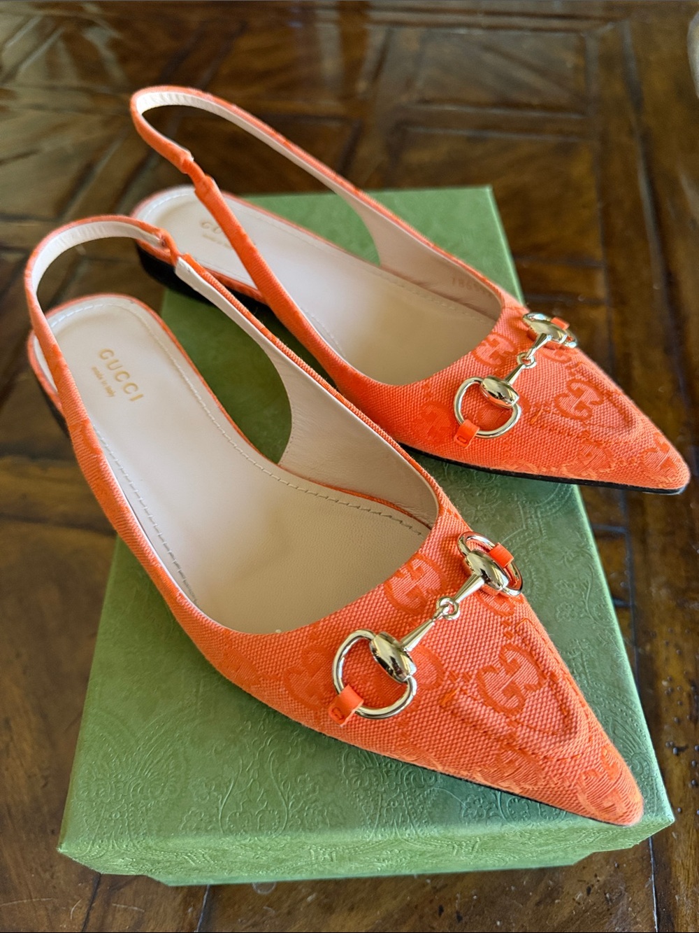 Gucci Orange GG Canvas Horsebit Slingback Pointed Flats